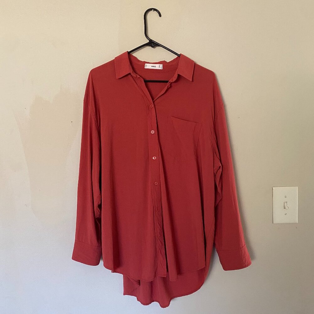 Mango Oversized Red Silk Button Down Shirt - Size 8